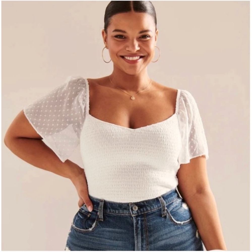 Abercrombie & Fitch Swiss Dot Flutter Sleeve Blouse Square Neck Smocked Top - M